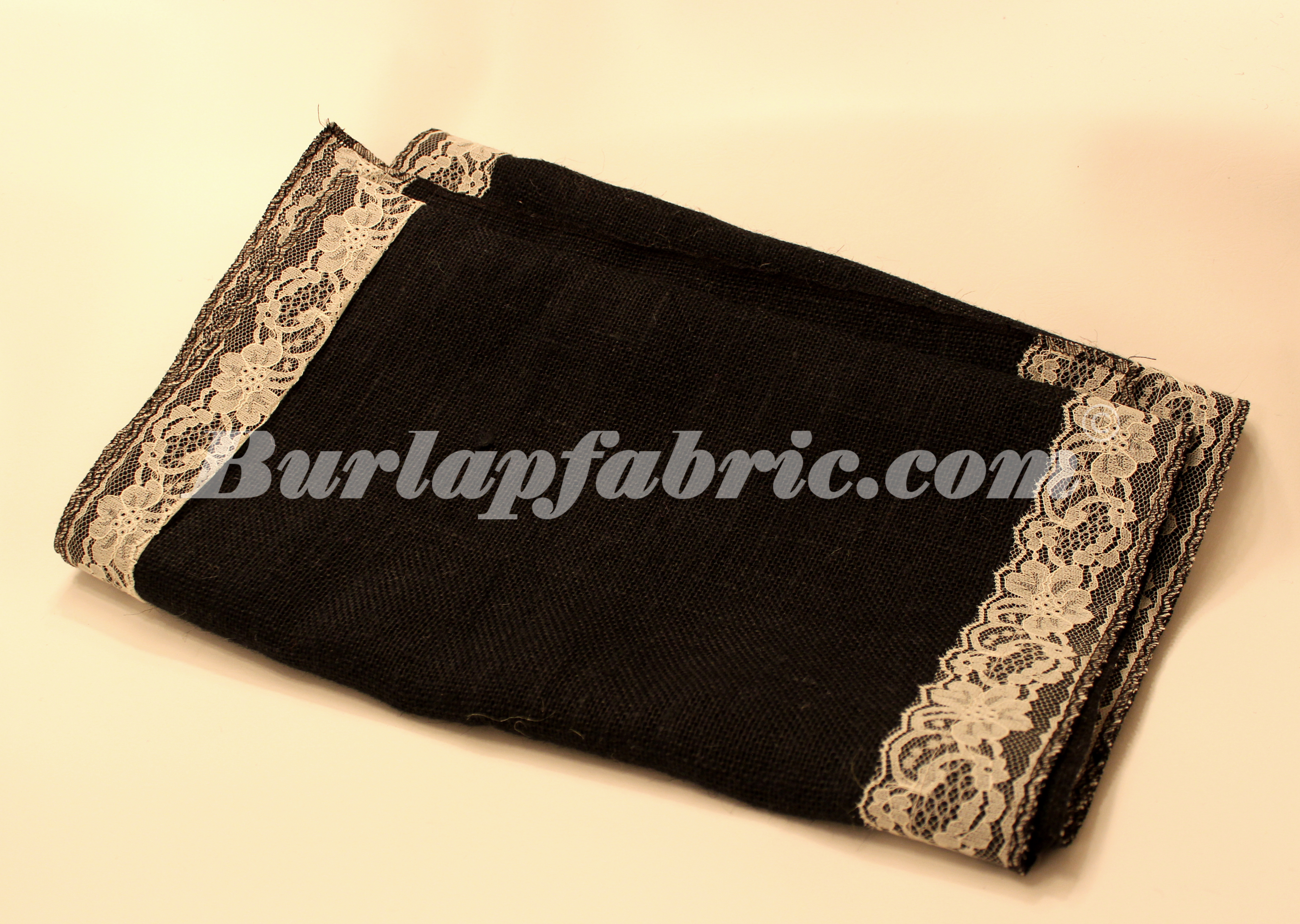 14" Black Burlap Runner with 2" Ivory Lace Borders - Click Image to Close